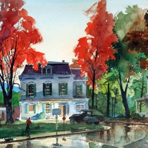 1_john-pike_village-green-in-autumn_watercolor_c-1955_sold-for-4600-00